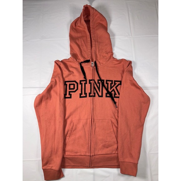 PINK Victoria's Secret Tops - Victorias Secret PINK Zip Up Hoodie Coral Orange Black Logo Fleece Sweatshirt L